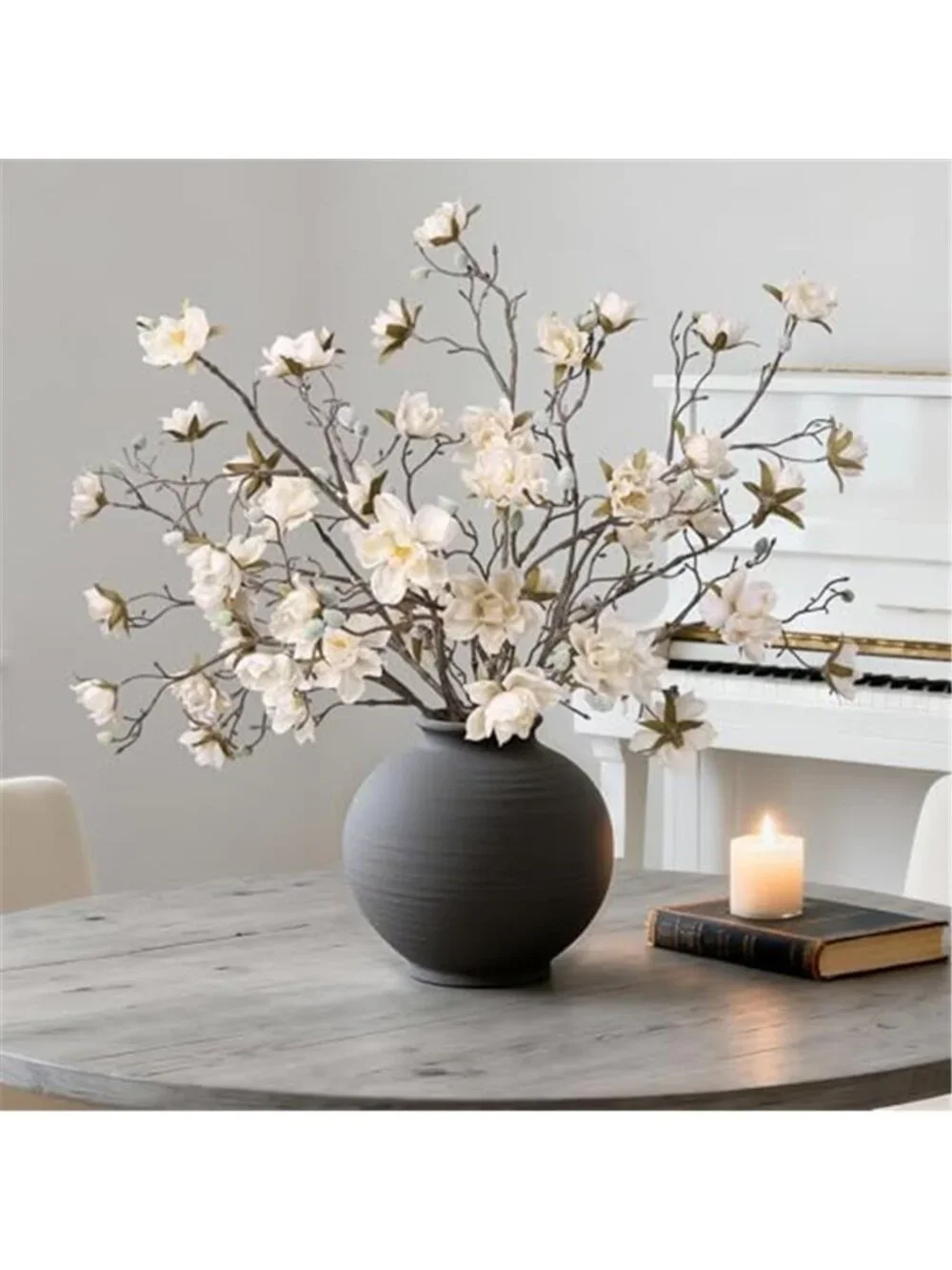 3Pcs Artificial Magnolia Flowers Stems Faux Floral Arrangement Vase Table Decor